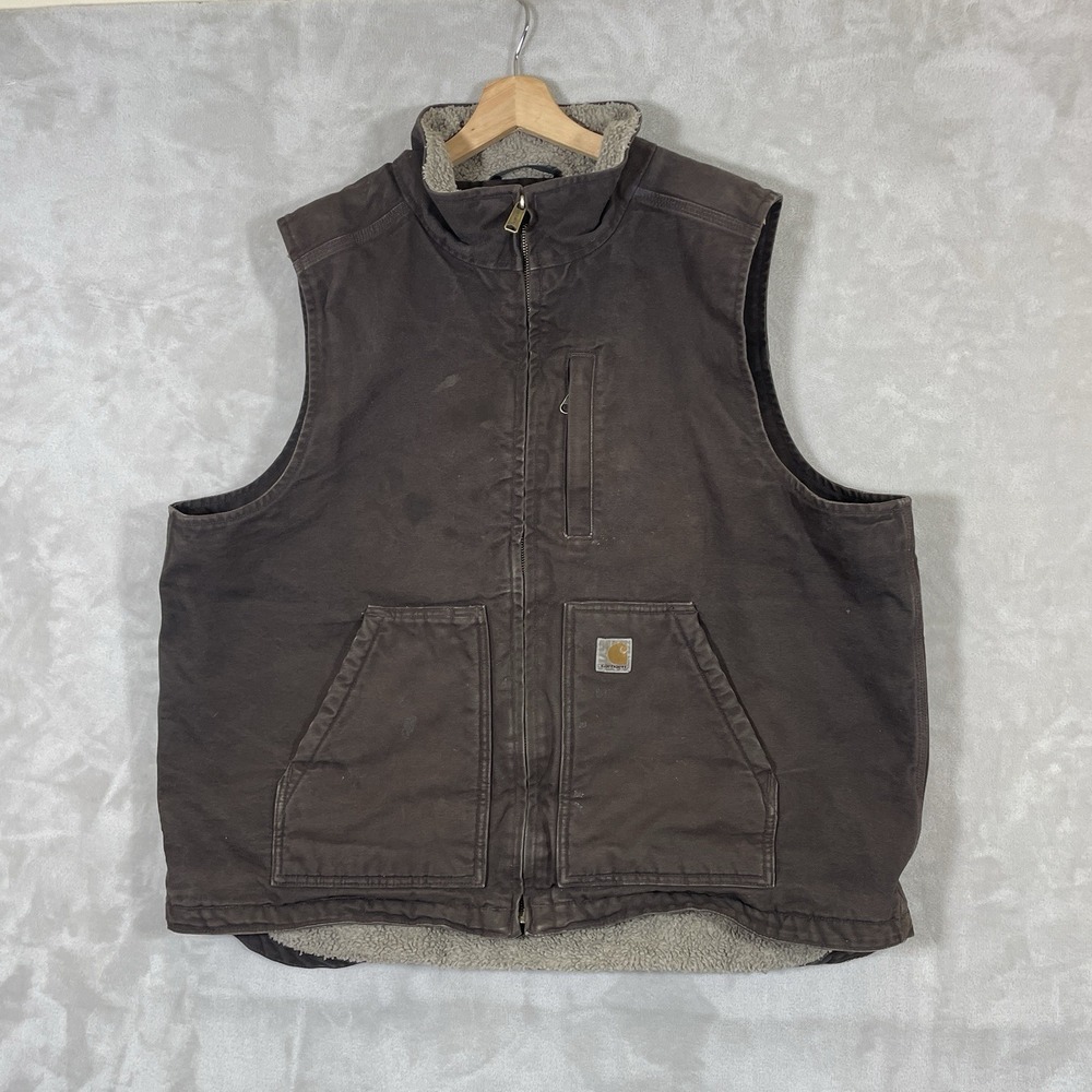 Carhartt Vest Mens XL Sherpa Lined Distressed Loose Fit OV4277-M Duck Canvas
